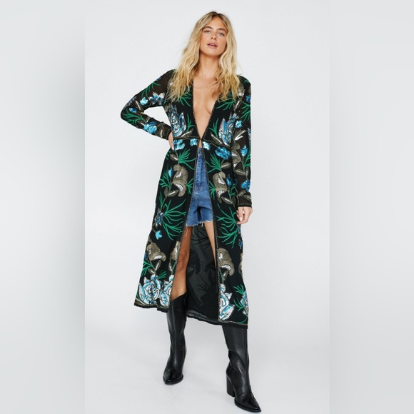 NWOT Nasty Gal Embellished Floral Design Longline Kimono - Picture 2 of 4